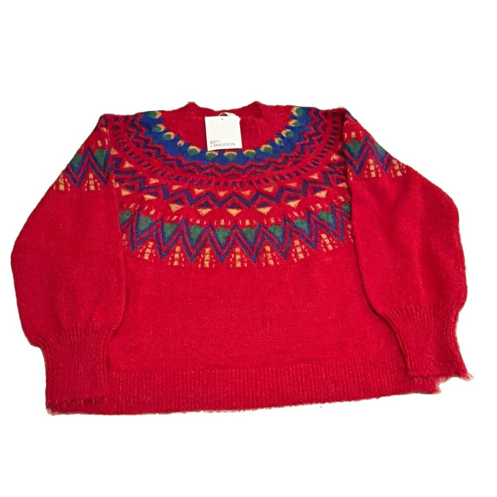 89th + Madison Women Fair Isle Knit Crew Neck Pullover Sweater Fuzzy Sz L NWT